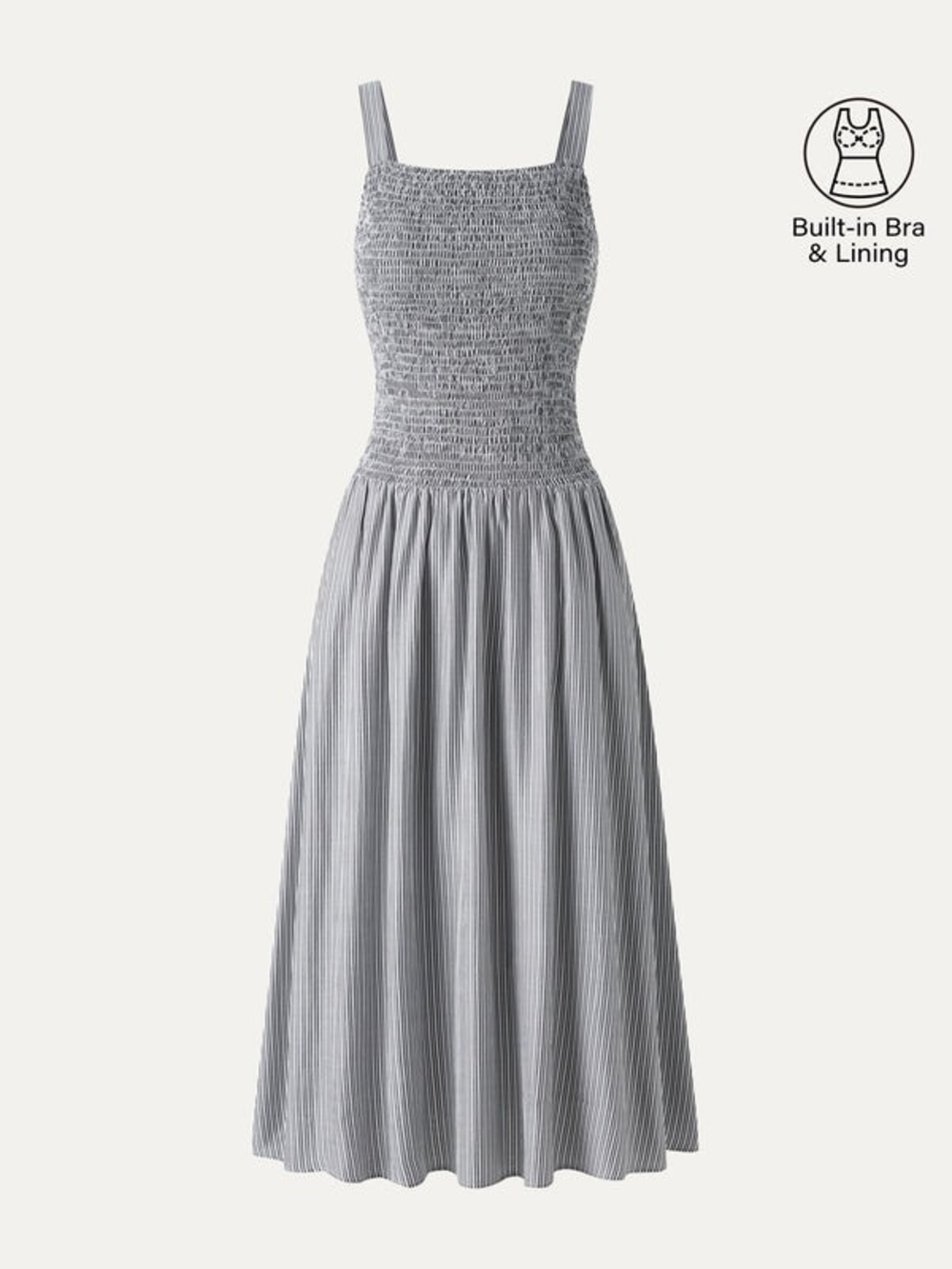 OGL Striped Poplin Square Neck Smocked Midi Bra Dress Gray/White